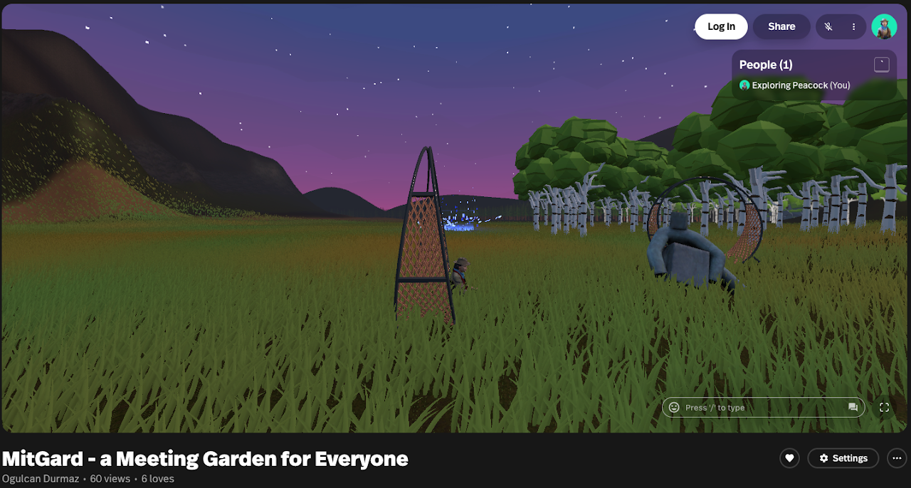 MitGard — a low-poly virtual garden at dusk with trees, hills, and an avatar exploring